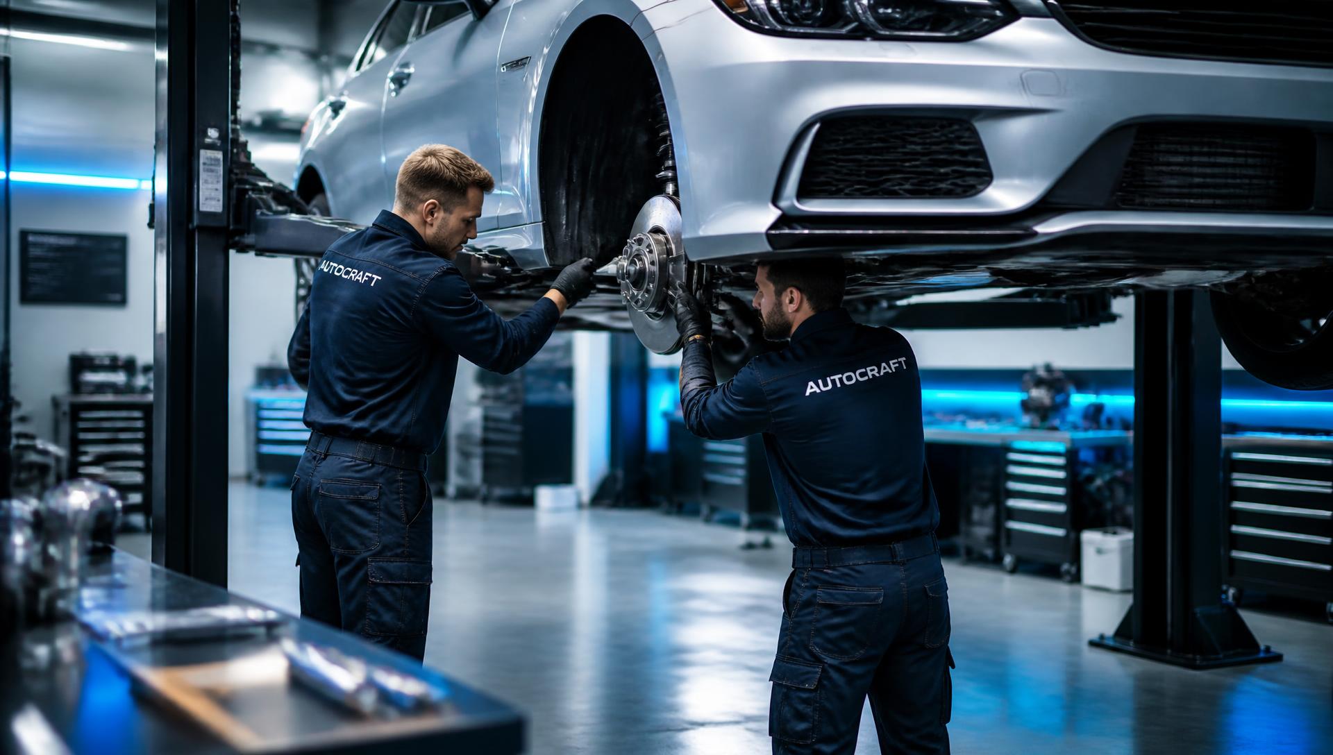 AARGarage mechanics servicing a modern car on a lift in a clean workshop