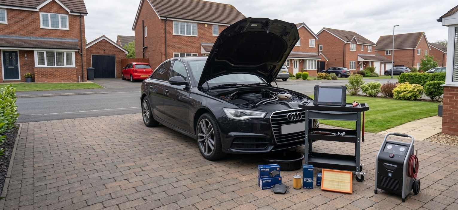An AARGarage full service being carried out on a customer's driveway, with an Audi, tools and quality parts laid out